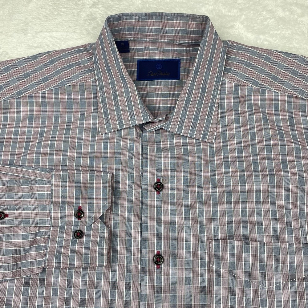 David Donahue Men's XL Dress Shirt Pink Gray Check Long Sleeve